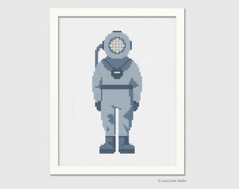 Deep Sea Diver Cross-Stitch Pattern - Counted Cross-stitch - Nautical - Seashore - Summer - Instant Download PDF - Digital