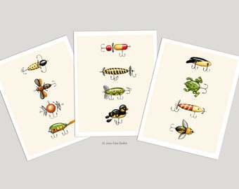 Fishing Lure Cards from Original Artwork in Retro Watercolor Style for Fisherman, Father's Day, Gift for Him, Summer Sports