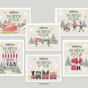Cartes de Noël du pôle Nord à partir d'oeuvres d'art originales - 6 cartes et enveloppes - Père Noël. Renne, lutins, bas de Noël ou cadeau secret du père Noël