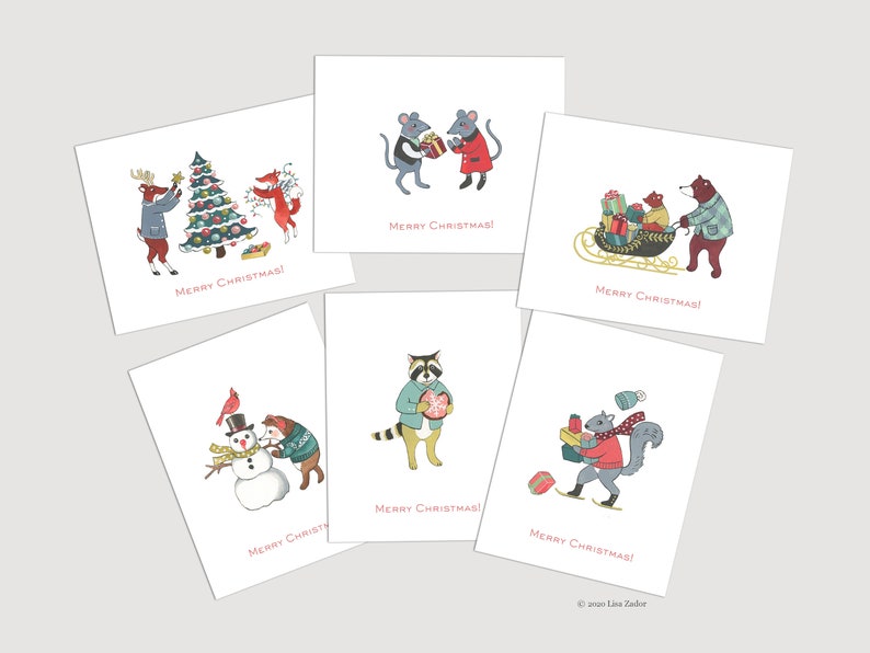 May include: Set of six illustrated Christmas cards featuring various animals, including a deer, fox, mouse, bear, raccoon, and squirrel. Each card has a different scene and includes the text "Merry Christmas!"