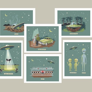 May include: A set of 7 illustrated cards depicting various UFO sightings. The cards feature a crashed UFO, a UFO over a field with cows, a UFO over a forest, a UFO over a car, a UFO over a fence, and two aliens.