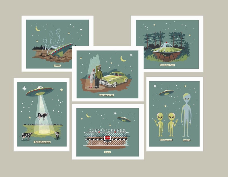 May include: A set of 7 illustrated cards depicting various UFO sightings. The cards feature a crashed UFO, a UFO over a field with cows, a UFO over a forest, a UFO over a car, a UFO over a fence, and two aliens.