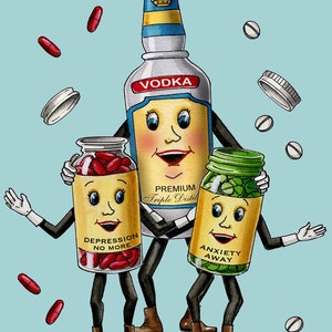 以下が含まれることがあります： 顔が付いた3本のボトルの漫画イラスト。中央のボトルは「VODKA PREMIUM Triple Distilled」と書かれたウォッカボトル。左側のボトルは「DEPRESSION NO MORE」と書かれた赤いボトル。右側のボトルは「ANXIETY AWAY」と書かれた緑色のボトルです。