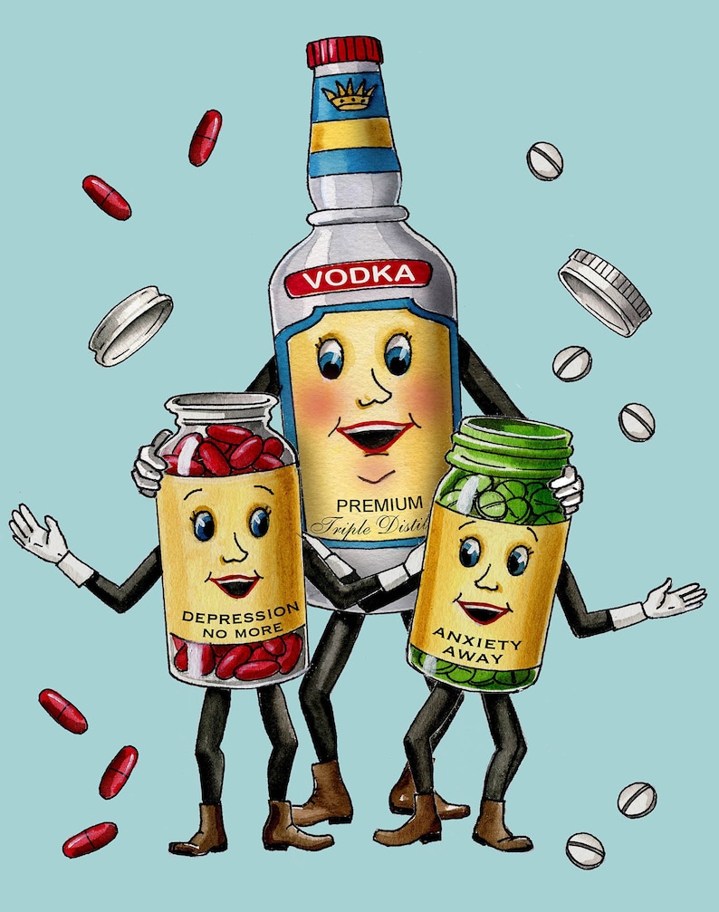 以下が含まれることがあります： 顔が付いた3本のボトルの漫画イラスト。中央のボトルは「VODKA PREMIUM Triple Distilled」と書かれたウォッカボトル。左側のボトルは「DEPRESSION NO MORE」と書かれた赤いボトル。右側のボトルは「ANXIETY AWAY」と書かれた緑色のボトルです。