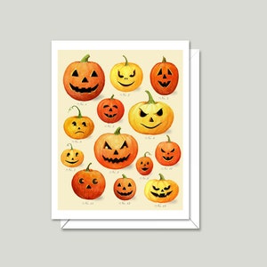 May include: A collection of 12 orange and yellow jack-o'-lantern pumpkins with different carved faces. The pumpkins are arranged in a grid pattern on a cream background.