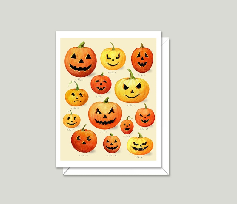 May include: A collection of 12 orange and yellow jack-o'-lantern pumpkins with different carved faces. The pumpkins are arranged in a grid pattern on a cream background.