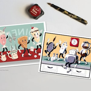 Retro Kitchen Cards, vintage Diner Notecards, années 1950, Nourriture anthropomorphique, Retro Food, Petit déjeuner, Cadeau d’hôtesse, Pendaison de crémaillère, Jeunes mariés