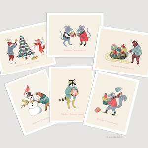 Cartoline di Natale con animali, Natale in campagna, foresta, scoiattolo, volpe, riccio, procione, renna, retrò, divertente