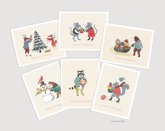 Tier Weihnachtskarten, Wald Land Weihnachten, Wald, Eichhörnchen, Fuchs, Igel, Waschbär, Rentier, retro, humorvoll