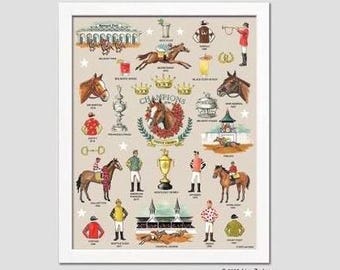 Horse Racing Triple Crown Print, Kentucky Derby Print from Original Artwork - Horses and Jockeys