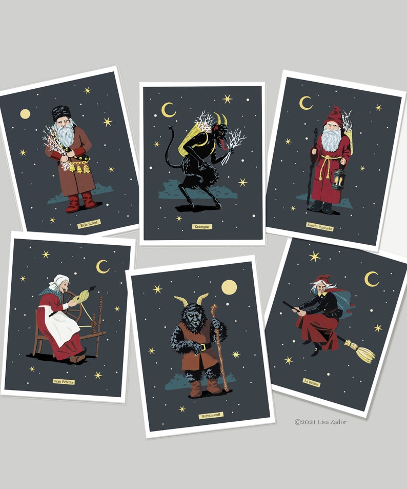 May include: Six illustrated cards featuring various mythical creatures and figures associated with Christmas traditions. Each card features a dark blue background with gold stars and a crescent moon. The cards depict figures such as Krampus, the Yule Lads, and Frau Perchta.