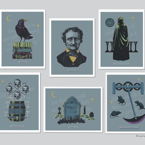 May include: Six illustrated cards with a blue background and gold accents. Each card features a quote from a classic horror story, including "The Raven", "The Tell-Tale Heart", "The Fall of the House of Usher", "The Pit and the Pendulum", "The Cask of Amontillado", and "Annabel Lee".
