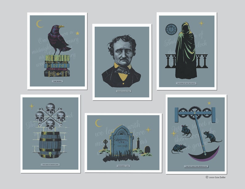 May include: Six illustrated cards with a blue background and gold accents. Each card features a quote from a classic horror story, including "The Raven", "The Tell-Tale Heart", "The Fall of the House of Usher", "The Pit and the Pendulum", "The Cask of Amontillado", and "Annabel Lee".