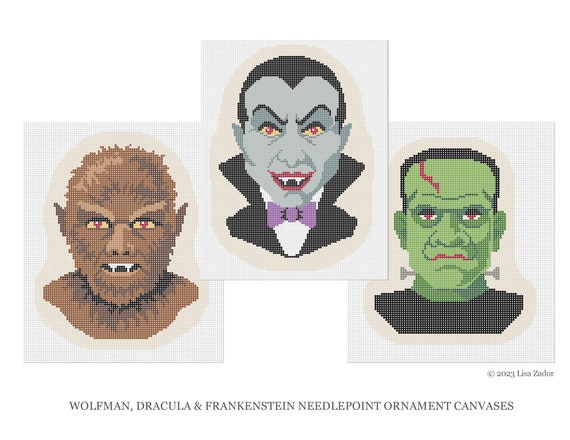 吸血鬼、フランケンシュタイン、狼男のニードルポイントオーナメント