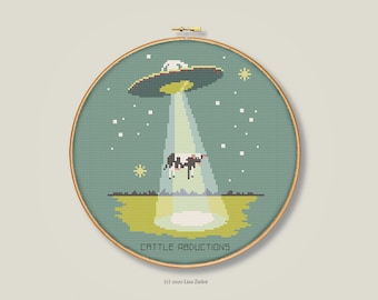 Retro UFO Cross Stitch Pattern - Alien Abduction - Cattle Abduction - Needlepoint Pattern - Instant Download PDF - Digital