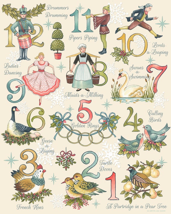 Twelve Days of Christmas Print, 12 Days, Partridge, Turtle Doves, Retro,  Holiday Hostess Gift, Housewarming 