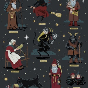 May include: An illustration of various mythical Christmas figures, including P&egrave;re Fouettard, Frau Perchta, La Befana, Belsnickel, Krampus, Buttnmandl, Yule Cat, Knecht Ruprecht, and Yule Lads. The figures are depicted in a dark blue background with stars and a crescent moon.