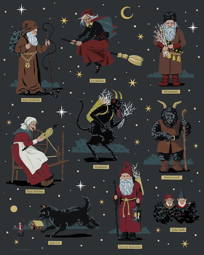 May include: An illustration of various mythical Christmas figures, including P&egrave;re Fouettard, Frau Perchta, La Befana, Belsnickel, Krampus, Buttnmandl, Yule Cat, Knecht Ruprecht, and Yule Lads. The figures are depicted in a dark blue background with stars and a crescent moon.