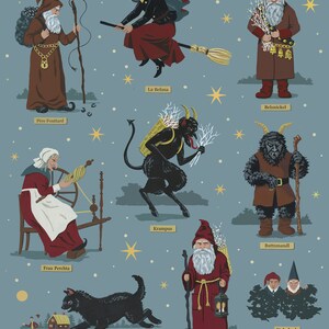 May include: An illustration of 10 different mythical Christmas figures from around the world. The figures are depicted in a whimsical style with a blue background and white stars. The figures include P&egrave;re Fouettard, Frau Perchta, La Befana, Belsnickel, Krampus, Buttnmandl, Yule Cat, Knecht Ruprecht, and Yule Lads.
