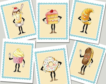 Retro Food Cards, Dessert Notecards, Anthropomorphic, Chef, Baking, Cupcake, Doughnut, Sundae, Croissant, Birthday Cake, Kitchen, Vintage