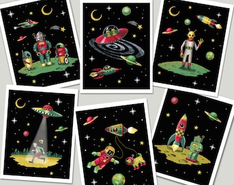 Retro Space cards, Sci-Fi Notecards, Rockets, Flying Saucers, Aliens,  Spaceman,