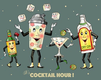 Cocktail Hour Print, Retro, Vintage Kitchen Print, Anthropomorphic, Retro Bar Print, Mid Century, 1950's, Martini, Hostess Gift