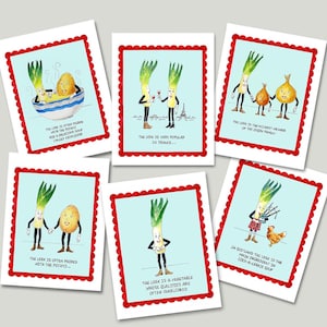 Cartes alimentaires vintage, cartes de notes de poireau sans prétention, nourriture rétro, anthropomorphique, nourriture drôle, humoristique, art alimentaire, cadeau d'hôtesse, chef, cuisine