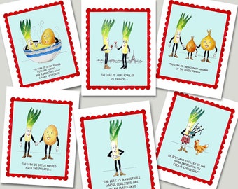 Vintage Food Cards, Unassuming Leek Note Cards, Retro Food, Anthropomorphic, Funny Food, Humorous, Food Art, Hostess Gift, Chef, Cooking