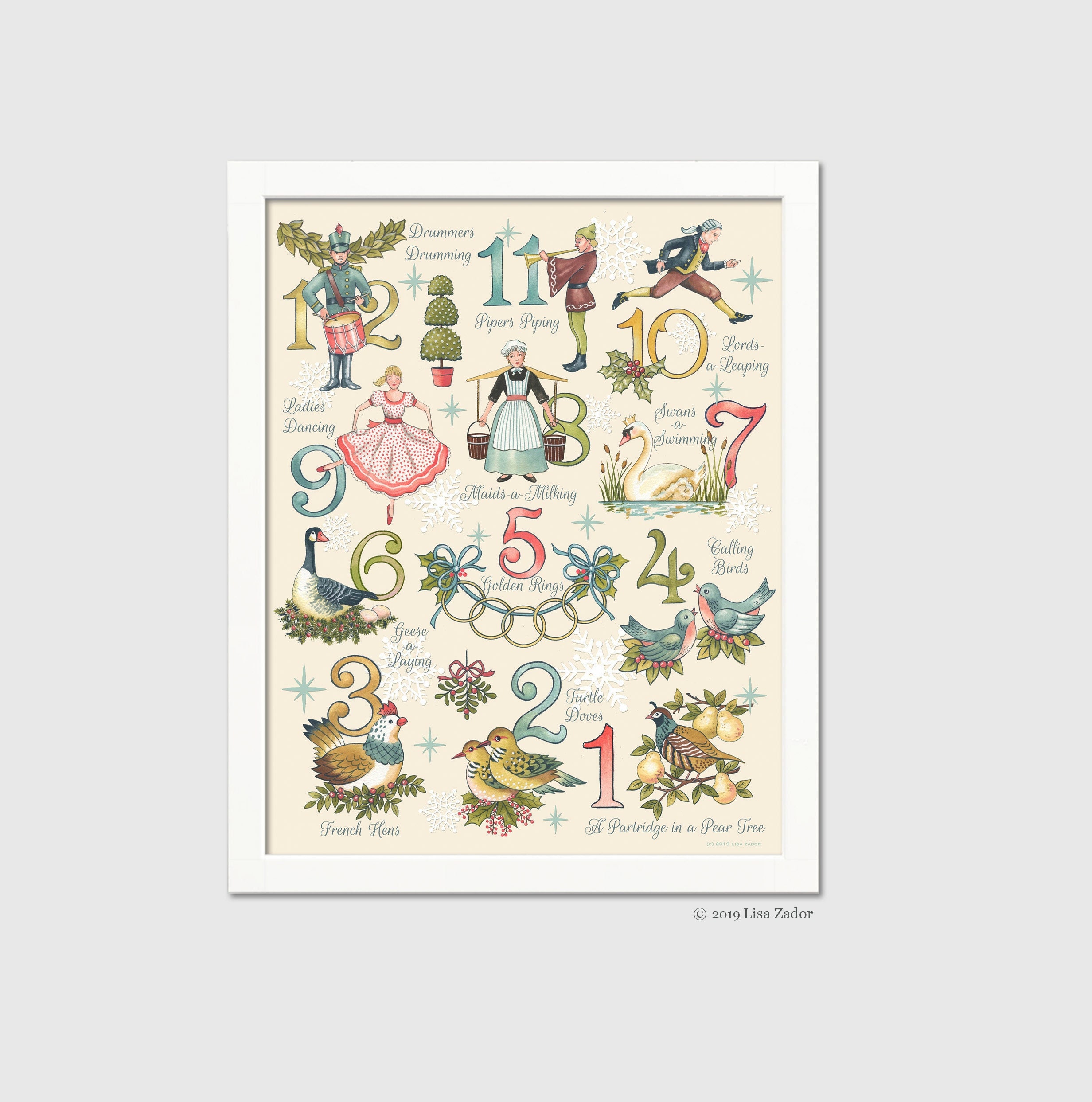 オリジナルアートワークからのクリスマスの12日間のプリント、懐かしい
