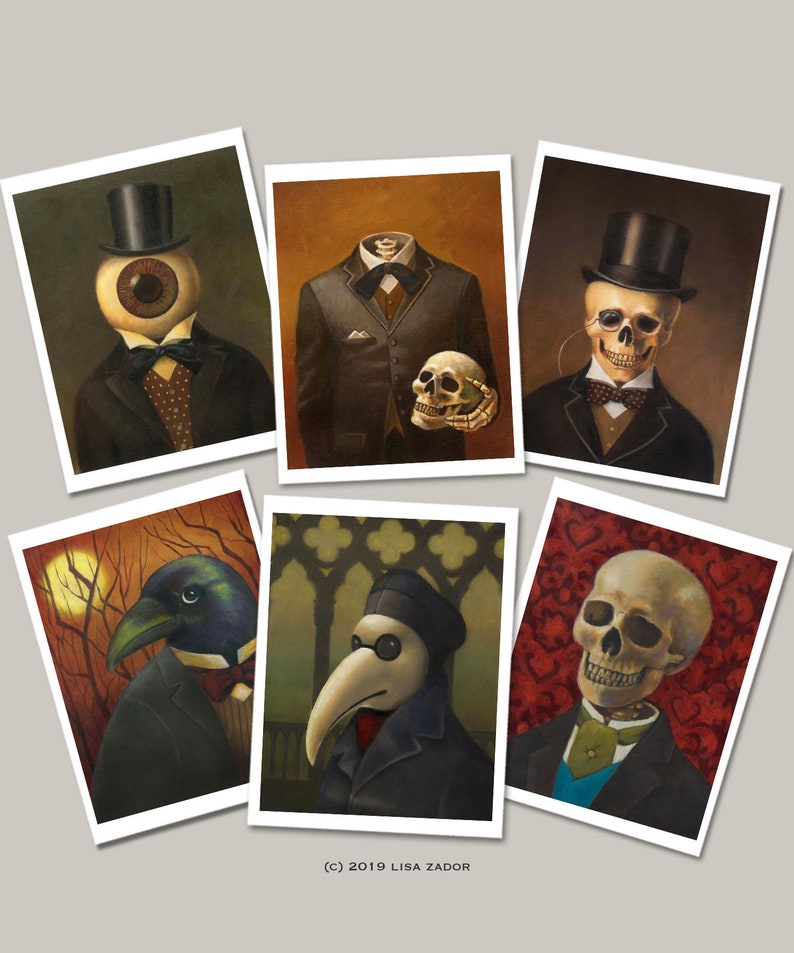 May include: Set of six vintage-style portrait illustrations featuring a variety of characters with unusual features. The characters are dressed in formal attire and have a dark, whimsical aesthetic.