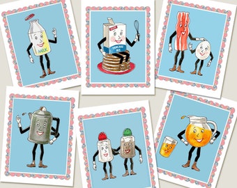 Vintage Kitchen Cards - Retro Kitchen Cards - Anthropomorphic Food Cards - Breakfast - Hostess Gift - Thankyou gift - Retro Food