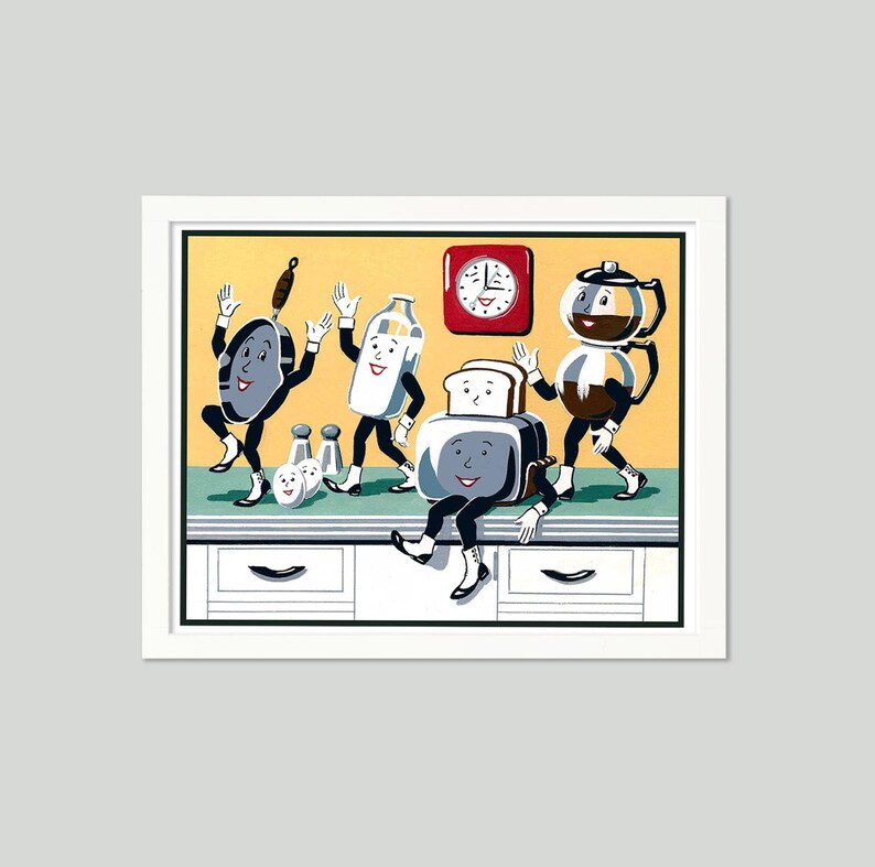 This Retro Kitchen Print from an original gouache painting, will be a cheery addition to your vintage, mid century kitchen. These anthropomorphic breakfast foods make a great housewarming or hostess gift too for your vintage loving friends!