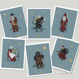 May include: Set of six illustrated cards featuring various mythical creatures from different cultures. Each card features a different creature, including a Krampus, a Belznickel, a Perchten, a  Belsnickel, a  Zwarte Piet, and a La Befana. The cards are printed on a blue background with stars and a crescent moon.