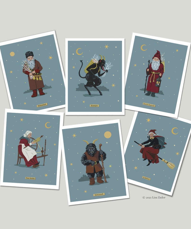 May include: Set of six illustrated cards featuring various mythical creatures from different cultures. Each card features a different creature, including a Krampus, a Belznickel, a Perchten, a  Belsnickel, a  Zwarte Piet, and a La Befana. The cards are printed on a blue background with stars and a crescent moon.