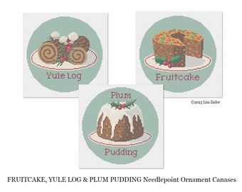 Christmas Fruitcake, Plum Pudding and Yule Log Needlepoint Ornament Canvases  - Christmas Cakes - Hand Painted