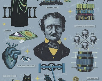 Edgar Allan Poe Literary Print featuring his gothic Victorian mystery stories , the Raven, Telltale Heart, Annabelle Lee and more