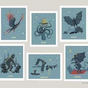 Retro Paranormal Sci-Fi Karten und Umschläge von Original Artwork - Monster von Loch Ness, Kraken 6 oder 8