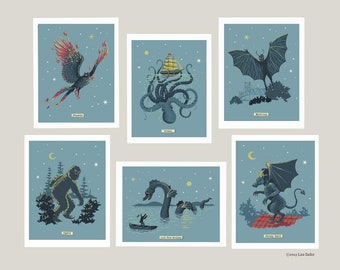 Retro Paranormal Sci-Fi Cards  from Original Artwork -  Bigfoot, Loch Ness Monster, Kraken - 6 or 8 Blank Cryptozoology Cards & Envelopes