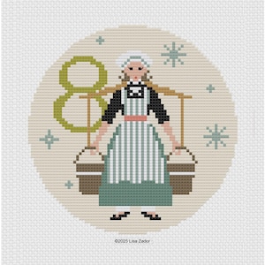 12 Days of Christmas Cross-Stitch Pattern - 8 Maids-a-Milking - Original design for Ornament or Framing