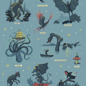 May include: An illustration of mythical creatures, including Bigfoot, Kraken, Cornish Pixies, Phoenix, Mothman, Loch Ness Monster, Elves, Jersey Devil, Chupacabra, and Spring Heeled Jack. The illustration is set against a blue background with stars.