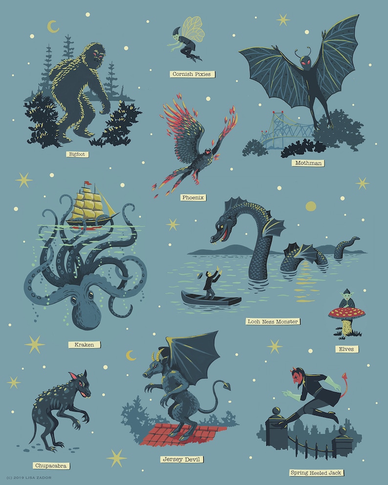 May include: An illustration of mythical creatures, including Bigfoot, Kraken, Cornish Pixies, Phoenix, Mothman, Loch Ness Monster, Elves, Jersey Devil, Chupacabra, and Spring Heeled Jack. The illustration is set against a blue background with stars.