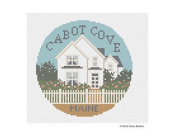 Cabot Cove Needlepoint Ornament Canvas - Murder She Wrote - Stitch Painted Canvas- 4&quot; Diameter on 18 count canvas