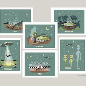 Cartões retrô de discos voadores de OVNIs de trabalhos artísticos originais. Ficção científica clássica dos anos 50 com alienígenas, Roswell, Área 51