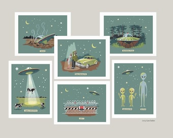 Retro UFO Flying Saucer Cards from Original Artwork. Classic 1950's Sci-Fi with Aliens, Roswell, Area 51