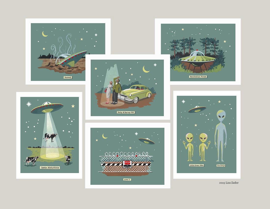 Retro UFO Flying Saucer Cards From Original Artwork. Classic