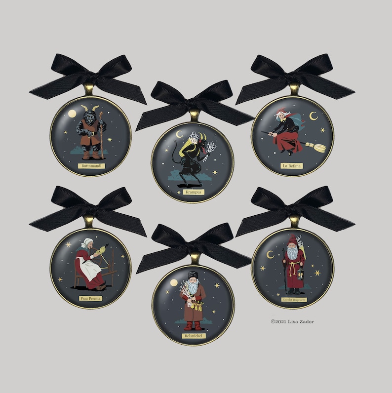 May include: Six round ornaments with black ribbon bows, each featuring a different mythical creature. The ornaments are gold with a dark blue background and depict Krampus, Befana,  Belsnickel,  Knecht Ruprecht,  Frau Perchta, and  Rottmannndl.