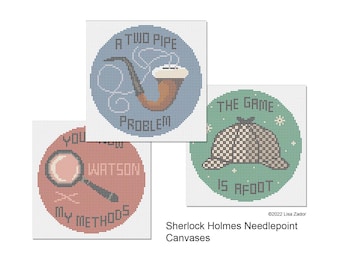 Sherlock Holmes Needlepoint Canvas - Pipe, Deerstalker Cap or Magnifier - Original Design  - Hand Painted - 4"
