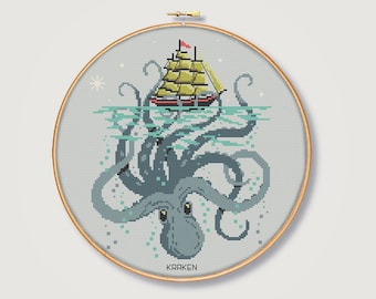 Octopus Cross-Stitch Pattern aka Kraken, Giant Squid, Sea Monster - Instant Download PDF - Digital