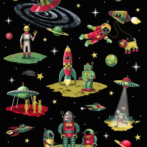 May include: A black background with a variety of colorful space-themed illustrations. There are rockets, spaceships, robots, aliens, and stars. The illustrations are in a retro style.