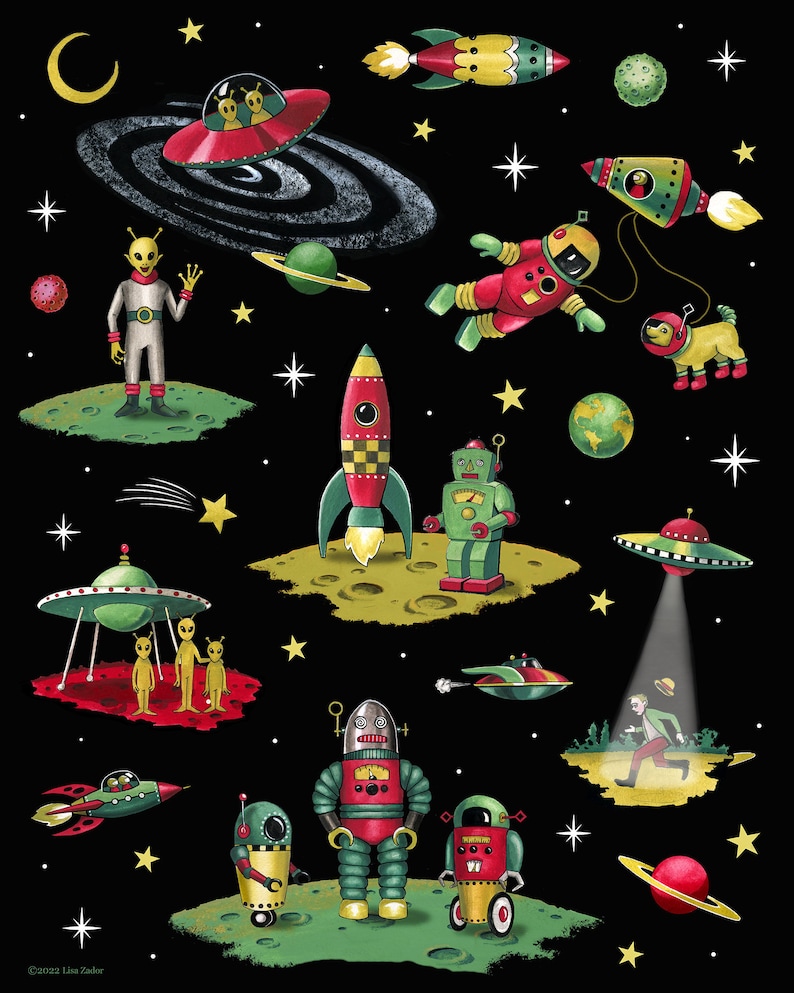 May include: A black background with a variety of colorful space-themed illustrations. There are rockets, spaceships, robots, aliens, and stars. The illustrations are in a retro style.